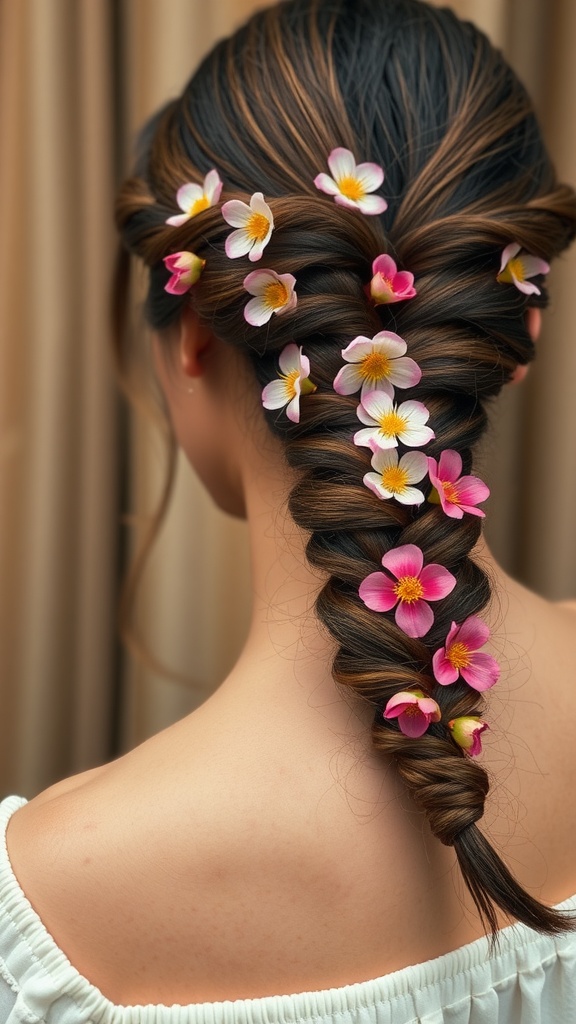 A long side braid decorated with pink and white flowers.