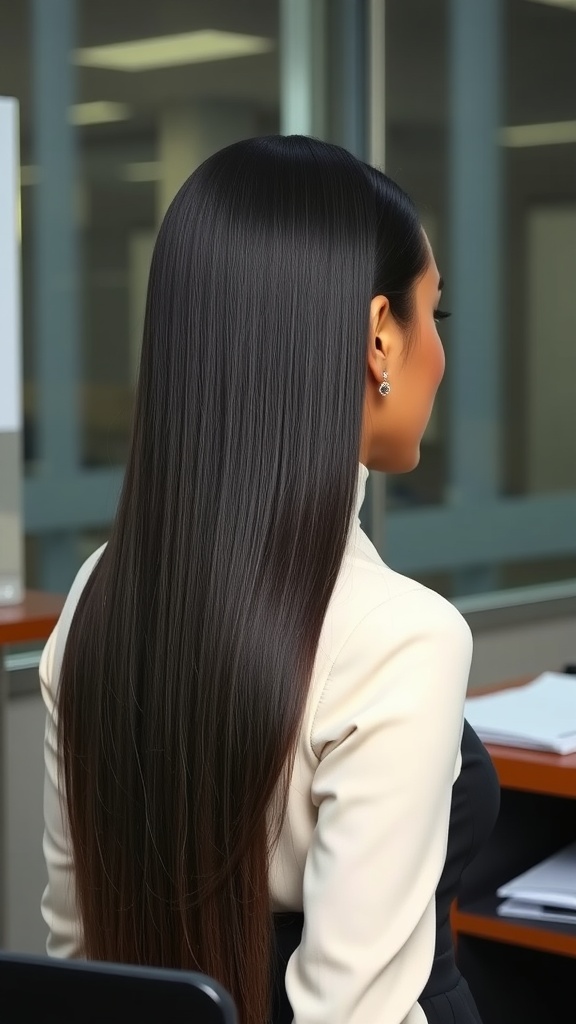 A woman with long straight hair, wearing a professional outfit, seated in an office setting.