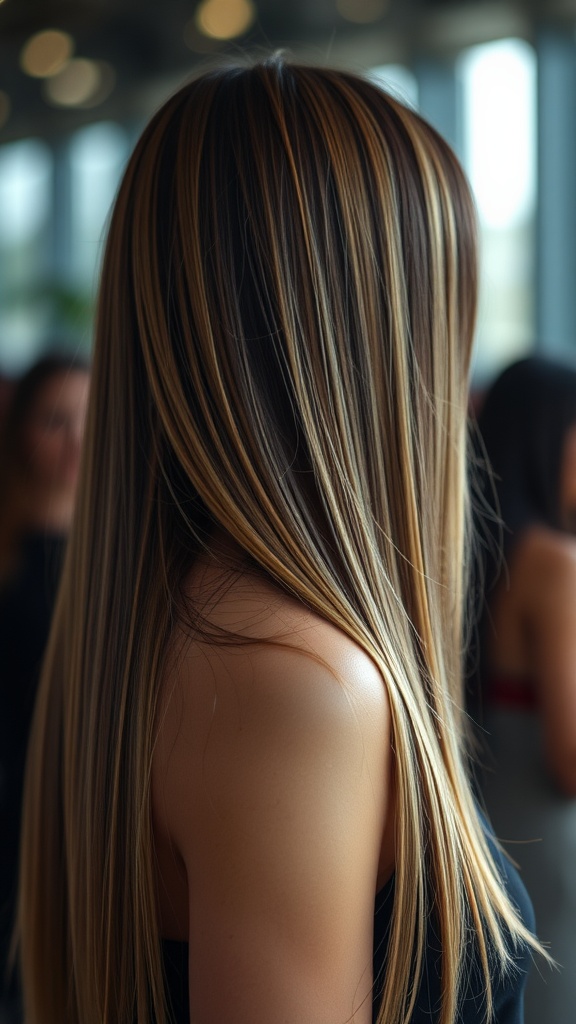 A woman with long, straight hair featuring subtle layers and highlights.