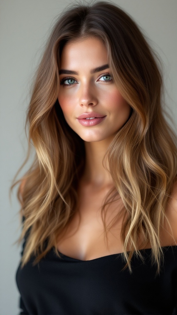 A woman with medium-length layered hair styled in soft waves, showcasing movement and flow.