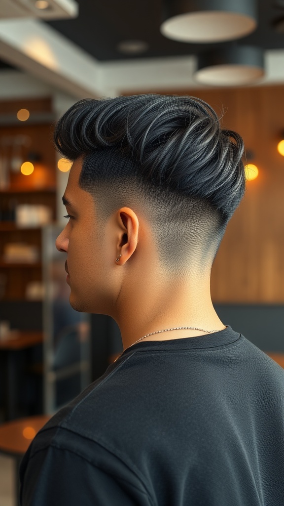 A young man showcasing a hairstyle with longer top and short sides, viewed from the side.
