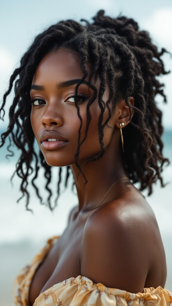 A woman with loose bantu knots and beach waves, showcasing a stylish summer hairstyle
