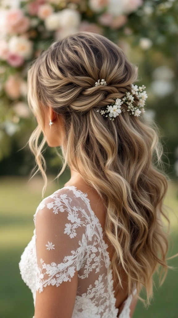 Bridesmaid hairstyle featuring loose beachy waves and floral accents