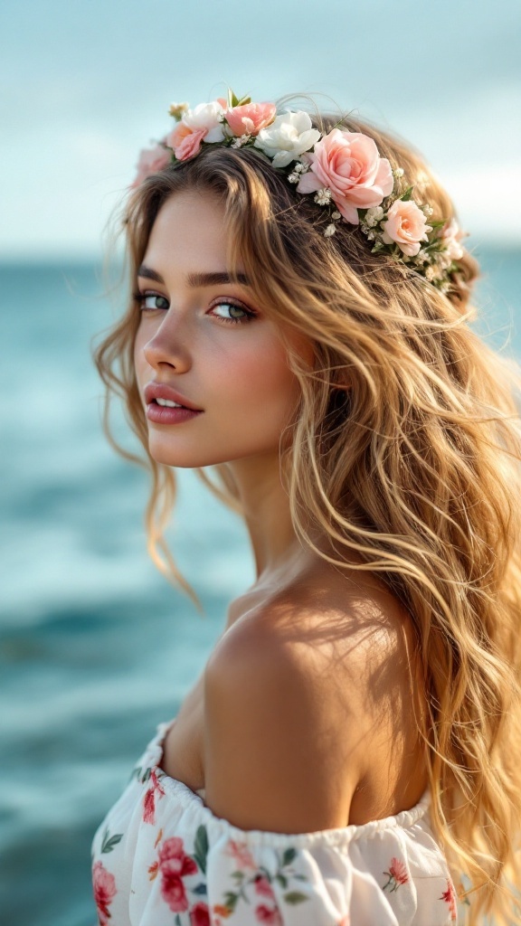 A girl with loose beachy waves and a floral crown, standing by the sea.