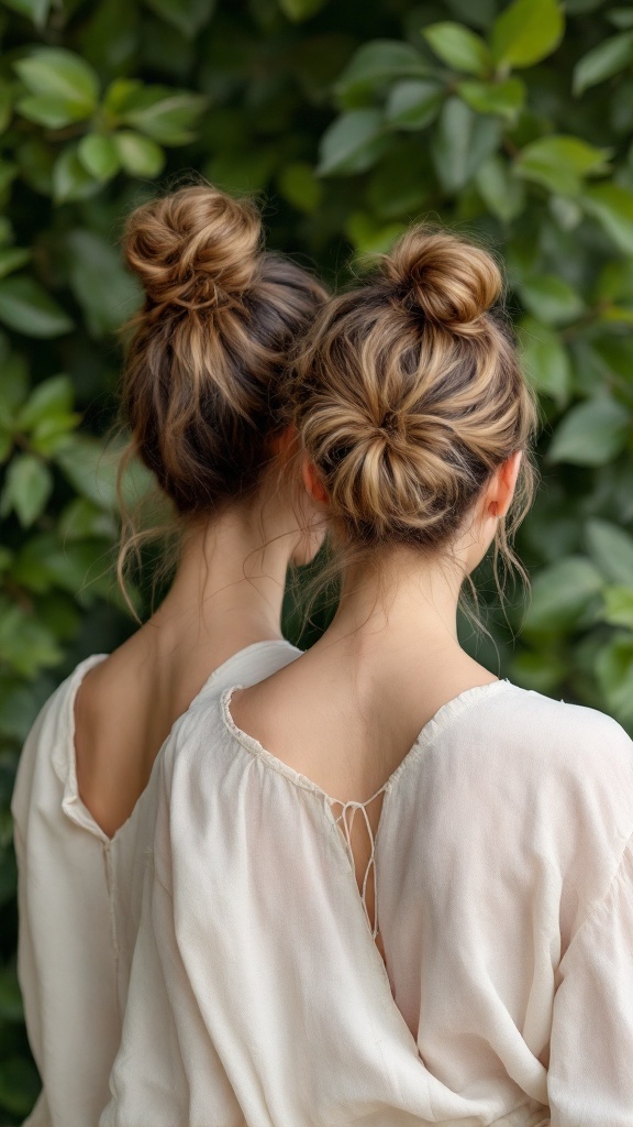 A view of two loose bohemian buns styled on a model's head, with soft strands framing the face, surrounded by greenery.