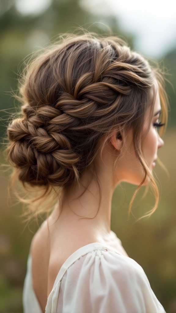 A loose braided updo hairstyle with soft strands framing the face, creating a romantic bohemian look.
