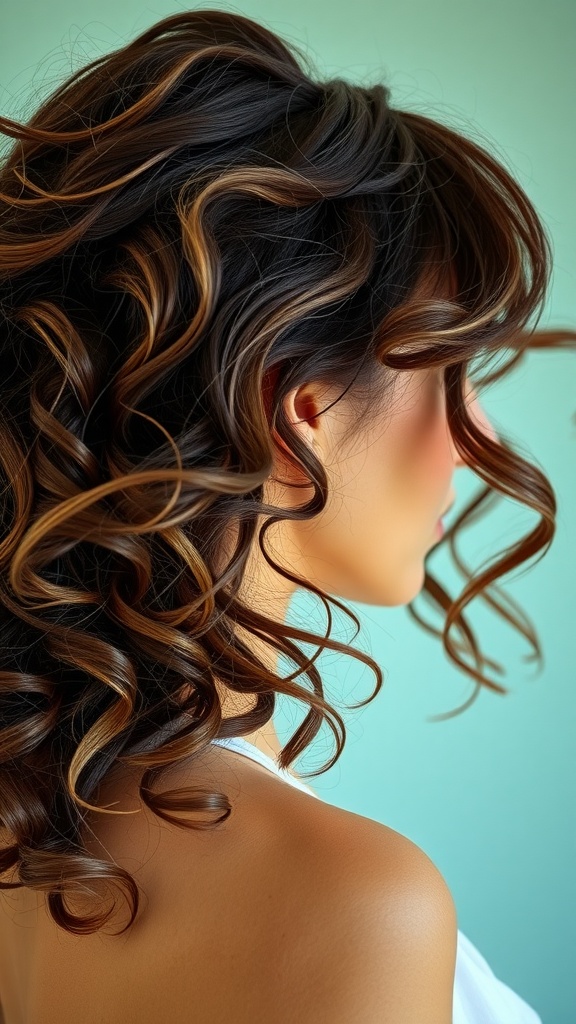 A hairstyle featuring loose curls and bangs, showcasing a relaxed and stylish look.