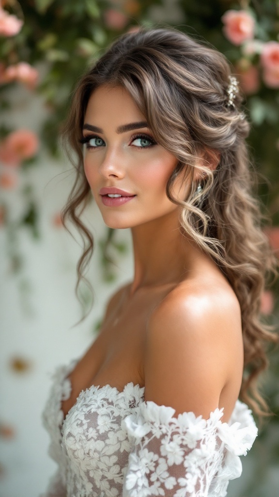 Bridesmaid with loose curls and feathered bangs, looking elegant with a floral background.