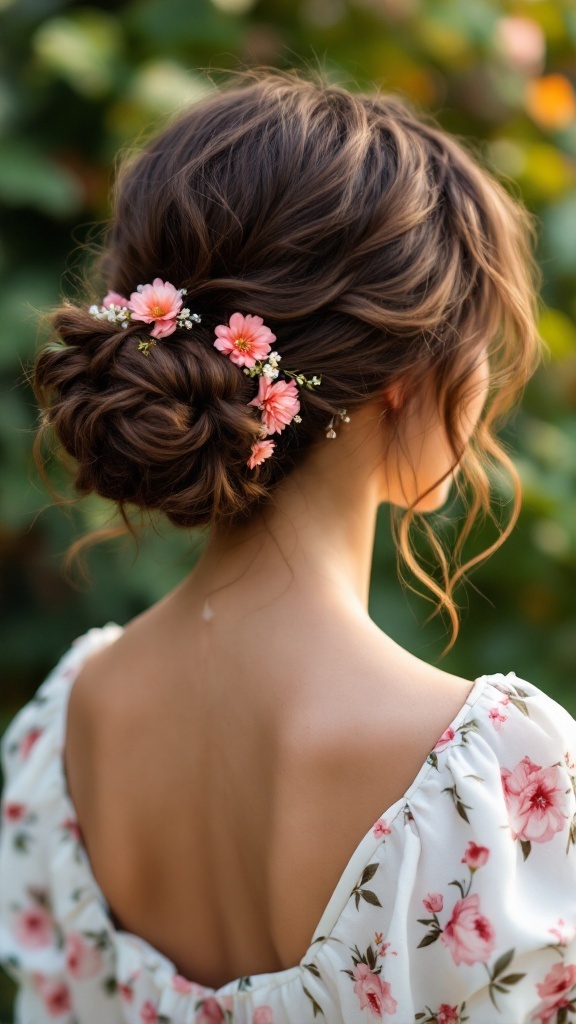 A woman with long curly hair styled in a loose low bun adorned with flowers.