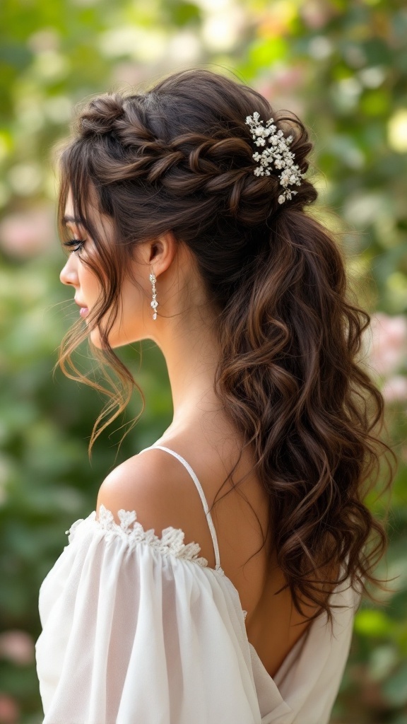 A bride with a loose curly ponytail adorned with a delicate veil and floral accessory