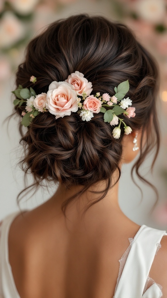 A loose curly updo hairstyle adorned with pink roses and small white flowers.