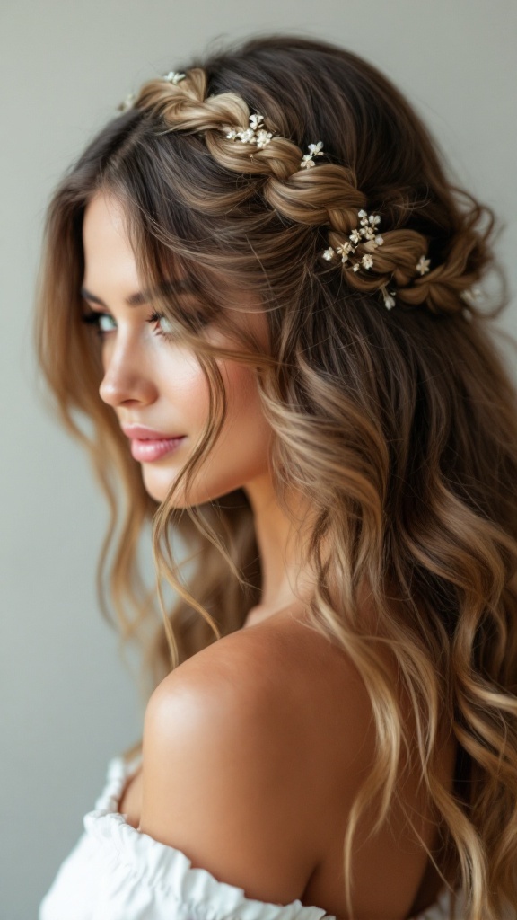 A woman with loose waves and a side braid decorated with flowers
