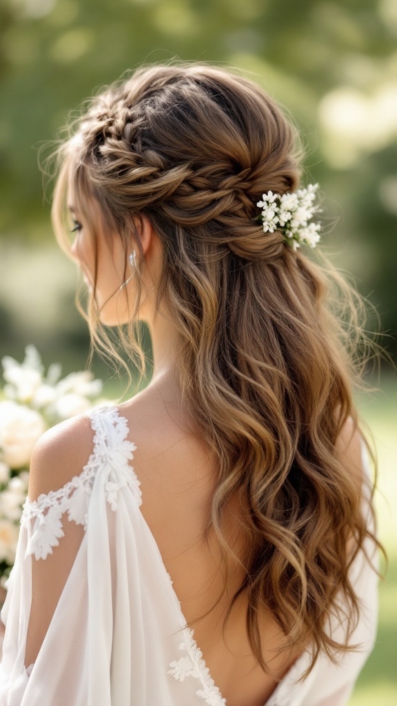 A bride's maid hairstyle featuring loose waves with a side braid and small flowers.