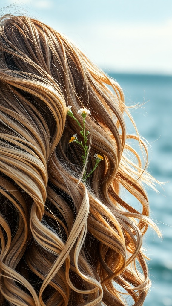 Loose waves hairstyle adorned with wildflowers