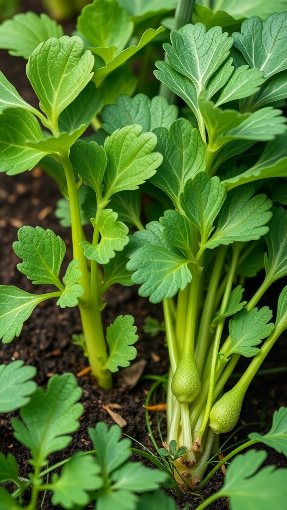 Close-up of lovage and celery plants growing together in soil.