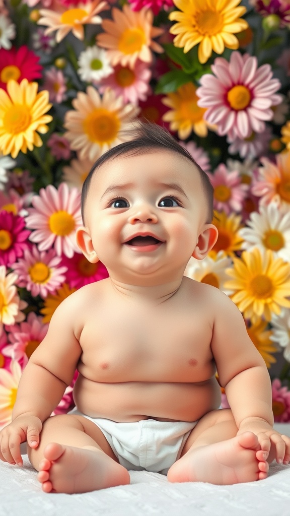 A smiling baby sitting in front of a colorful floral backdrop.