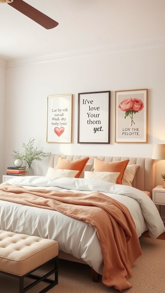 Cozy bedroom with love quotes wall art and soft peach decor