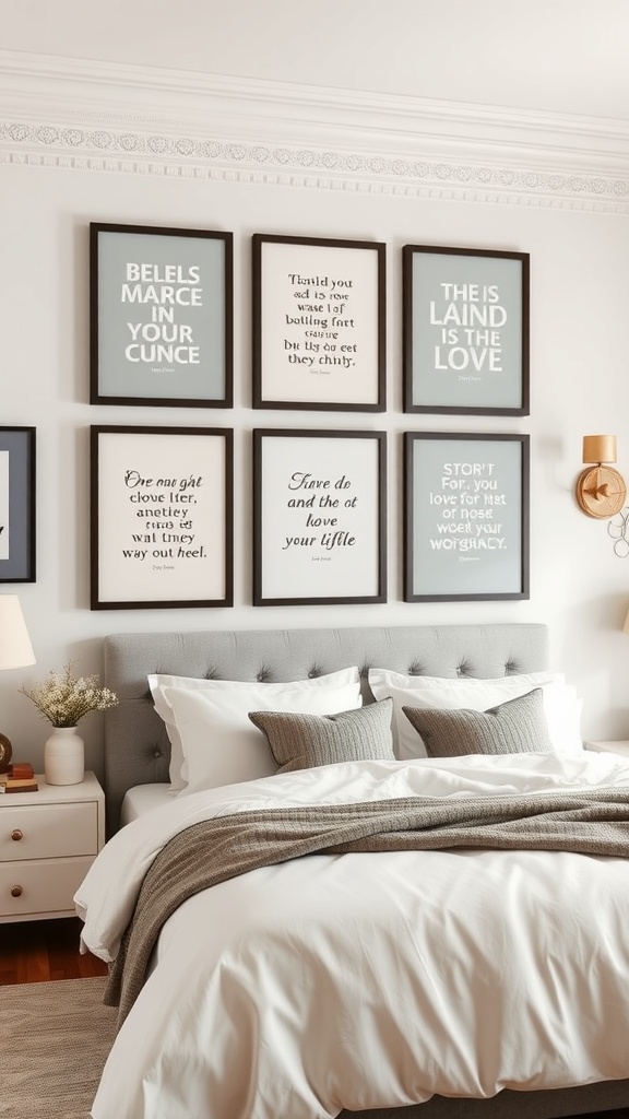 A stylish bedroom with framed love quotes on the wall, featuring a cozy bed and warm decor.