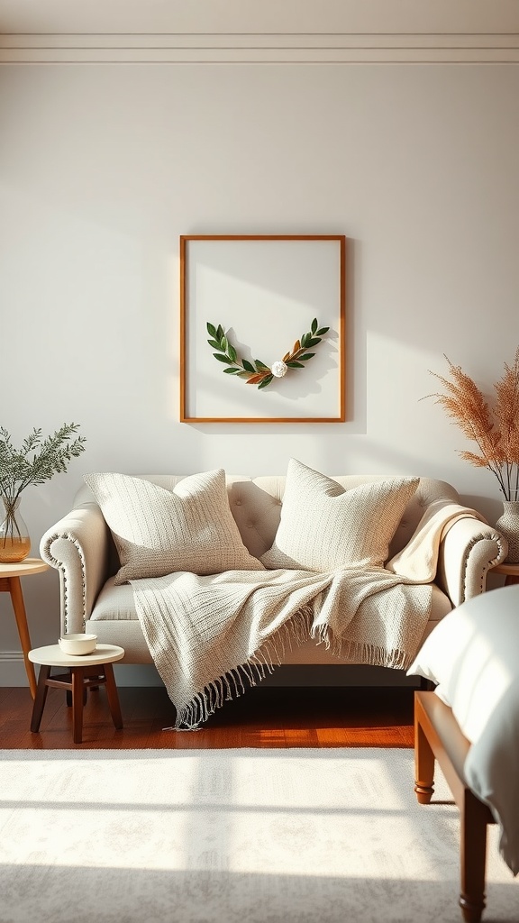 A cozy love seat with pillows and a throw, surrounded by plants and warm decor.