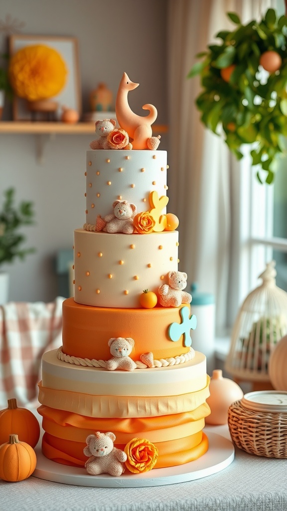 A three-tiered orange baby shower cake decorated with teddy bears, a fox figurine, and orange roses.