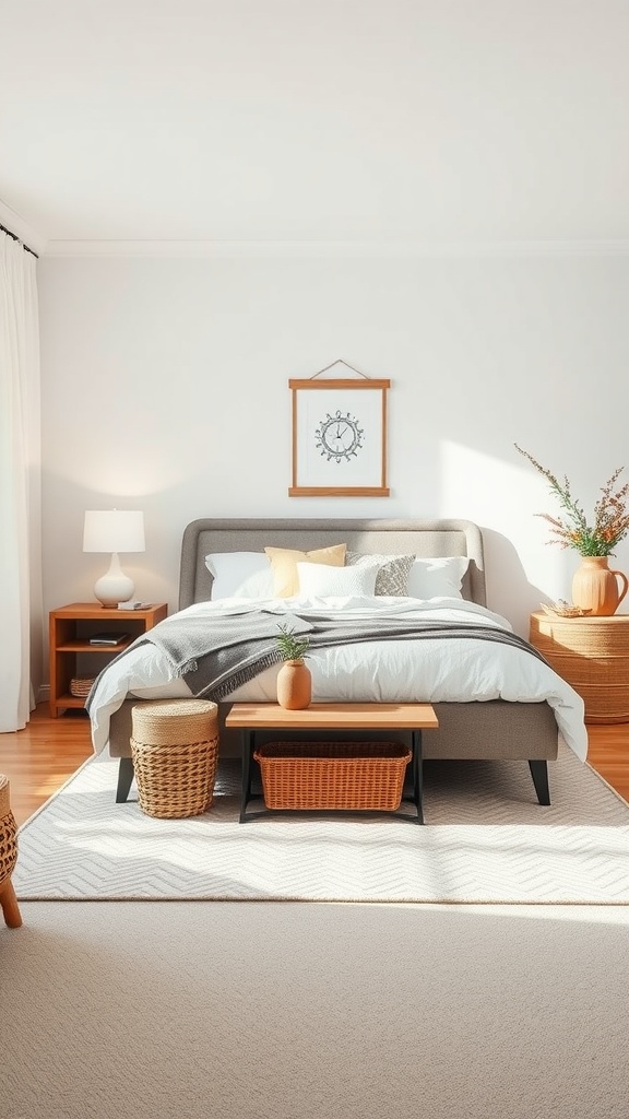 A cozy bedroom featuring storage baskets, a wooden bench, and a side table with drawers.