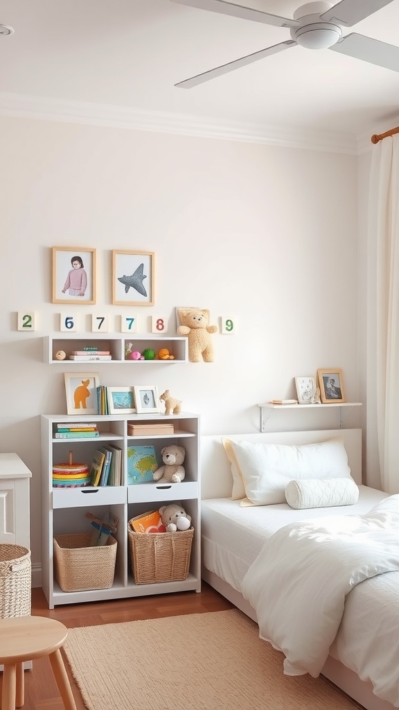 Montessori toddler bedroom featuring low-level storage with books, toys, and a cozy bed.