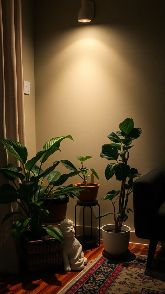 A cozy corner with low-light houseplants and a decorative statue