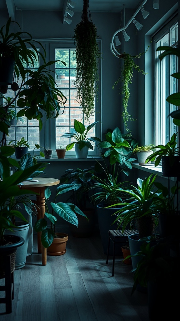 Indoor space filled with various low-light house plants, showcasing their greenery in a softly lit environment.