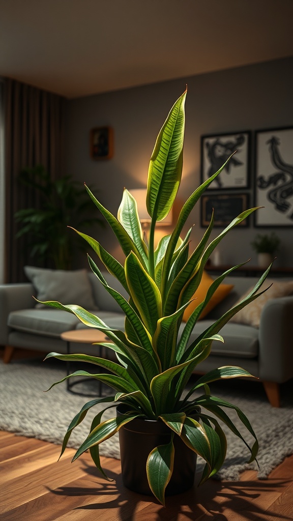 A tall snake plant with green and yellow leaves in a cozy living room setting.