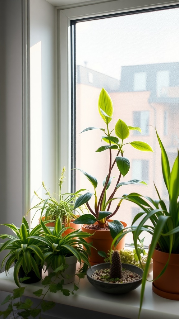 A collection of low-maintenance, non-toxic house plants on a window sill, including a tall green plant and smaller varieties.