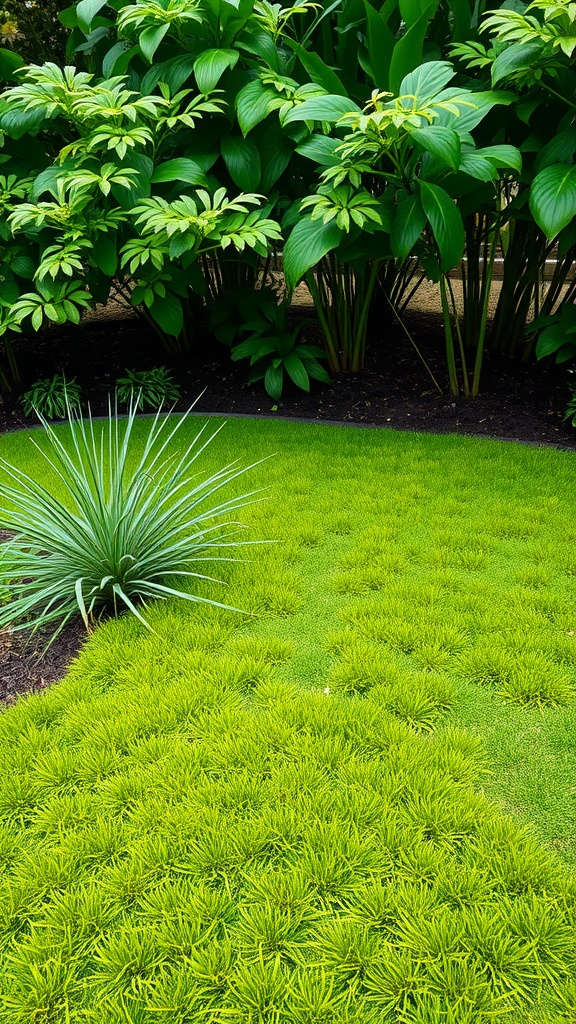 A low-maintenance garden area featuring vibrant green ground cover and ornamental plants.