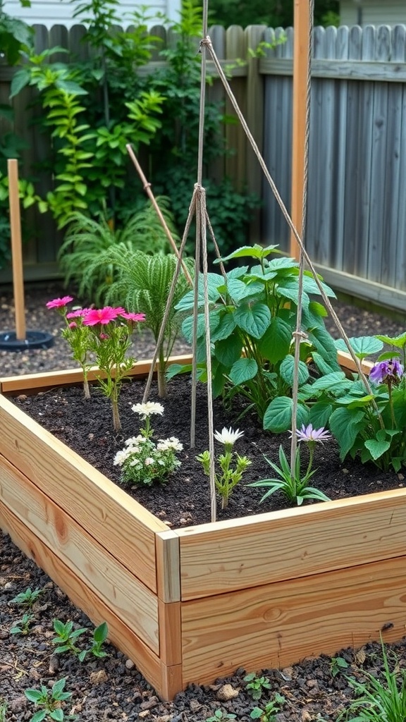 A low-profile wooden raised garden bed filled with colorful flowers and green plants.