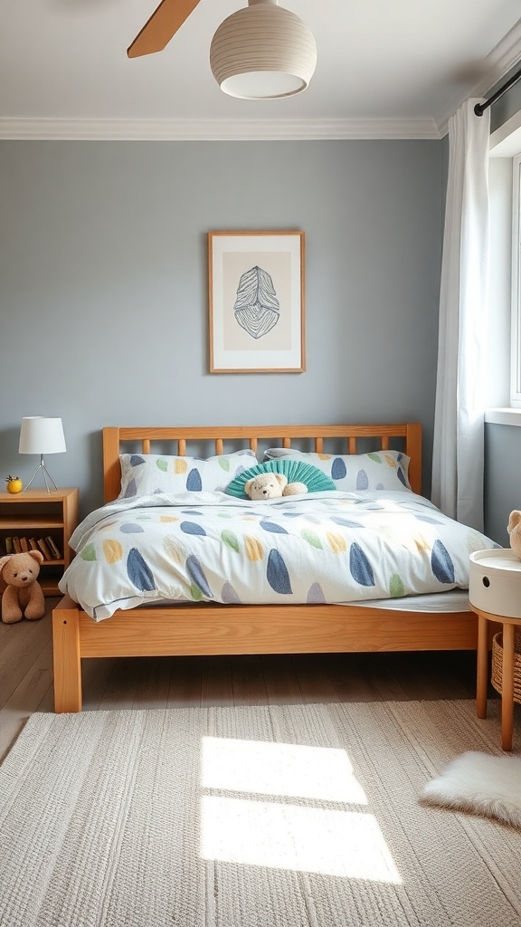 A cozy toddler bedroom featuring a low-to-the-ground wooden bed with playful bedding and a soft rug.