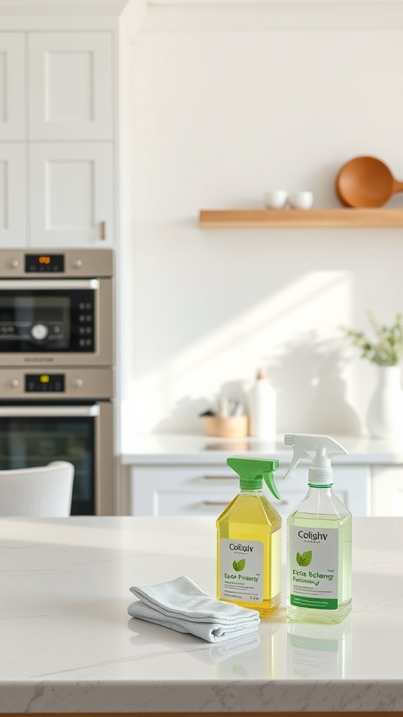 Two bottles of low-VOC cleaning products on a kitchen countertop with a cloth.