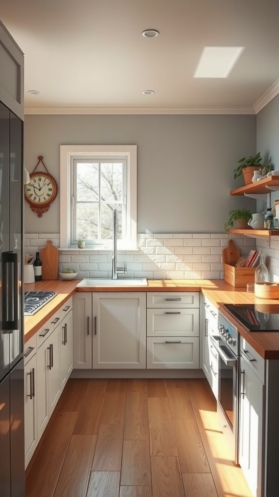 A stylish kitchen with light gray walls, wooden countertops, and plants, emphasizing a green design with low-VOC paint.