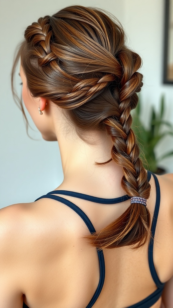 A low braided bun hairstyle with a smooth braid and a neat bun at the nape of the neck.