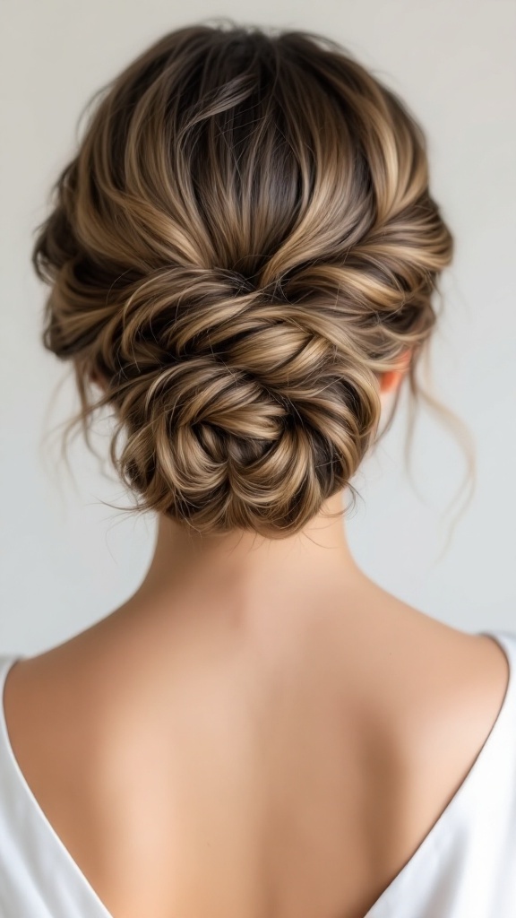 A stylish low bun hairstyle with cascading curls, showcasing elegance and simplicity.