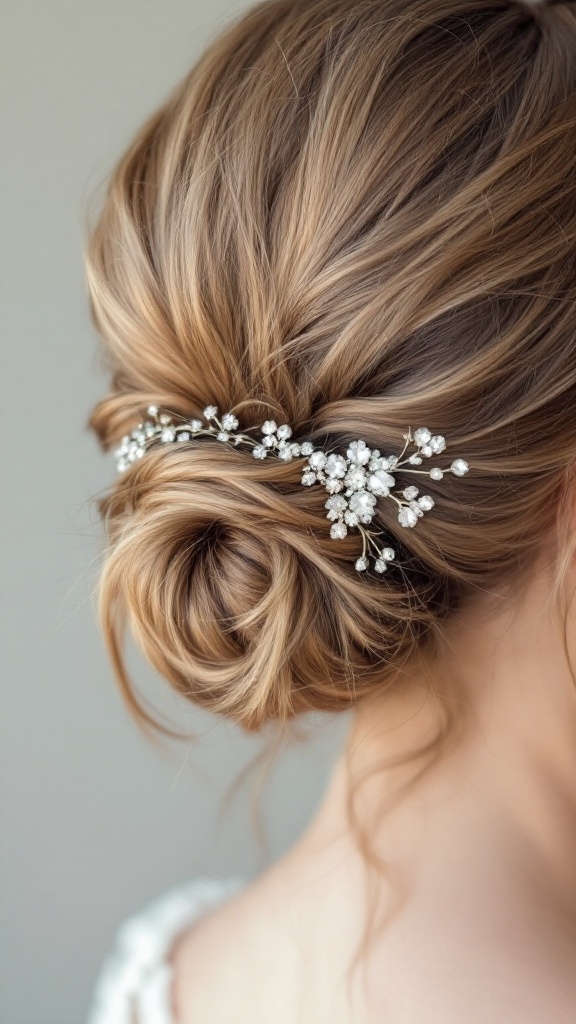 A close-up of a low bun hairstyle for bridesmaids, featuring delicate hair accessories.