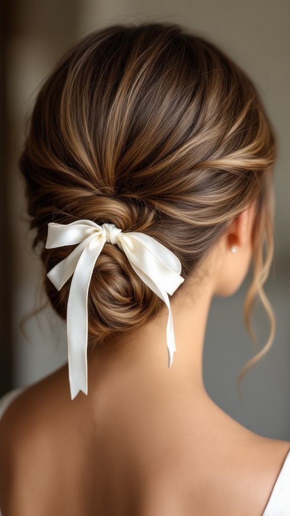 A low bun hairstyle with ribbon accents