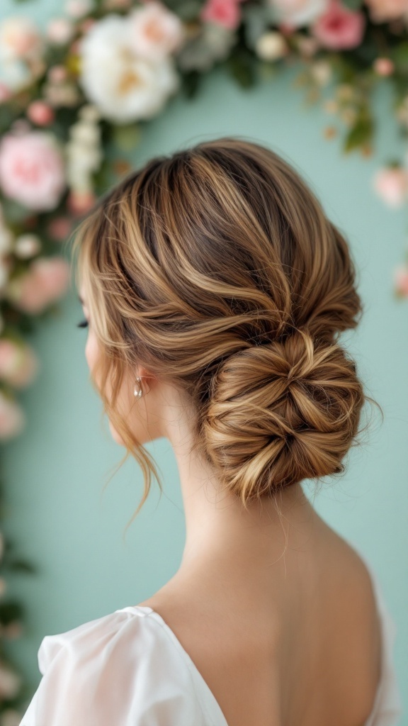 A woman with a low bun hairstyle and side-swept bangs, adorned with floral background.