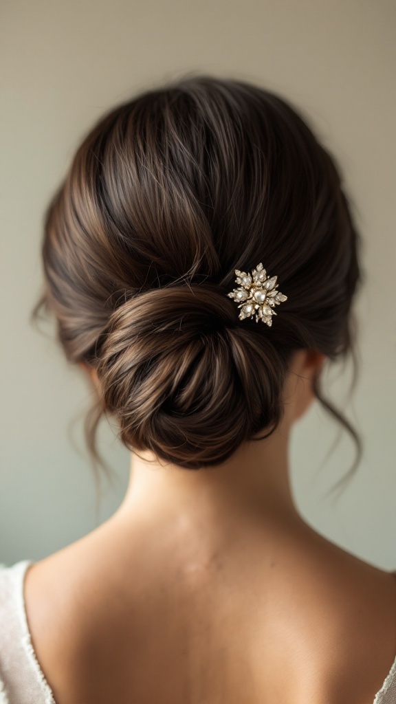 A woman with a low bun hairstyle adorned with a vintage brooch, showcasing elegance.