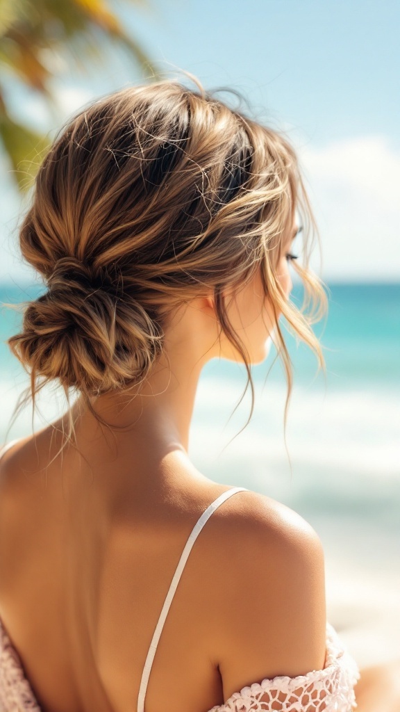 A woman with long hair styled in a low chignon, enjoying a beach setting.