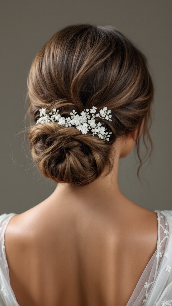 A low chignon hairstyle adorned with delicate flowers, showcasing a romantic bridesmaid look.