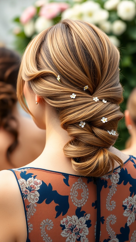 A woman with a low chignon hairstyle adorned with small white flowers, showcasing a casual yet elegant look.