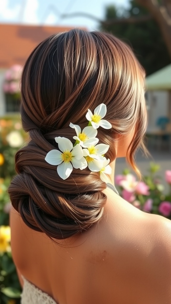 A woman with a low chignon hairstyle adorned with white spring flowers, showcasing a blend of elegance and nature.