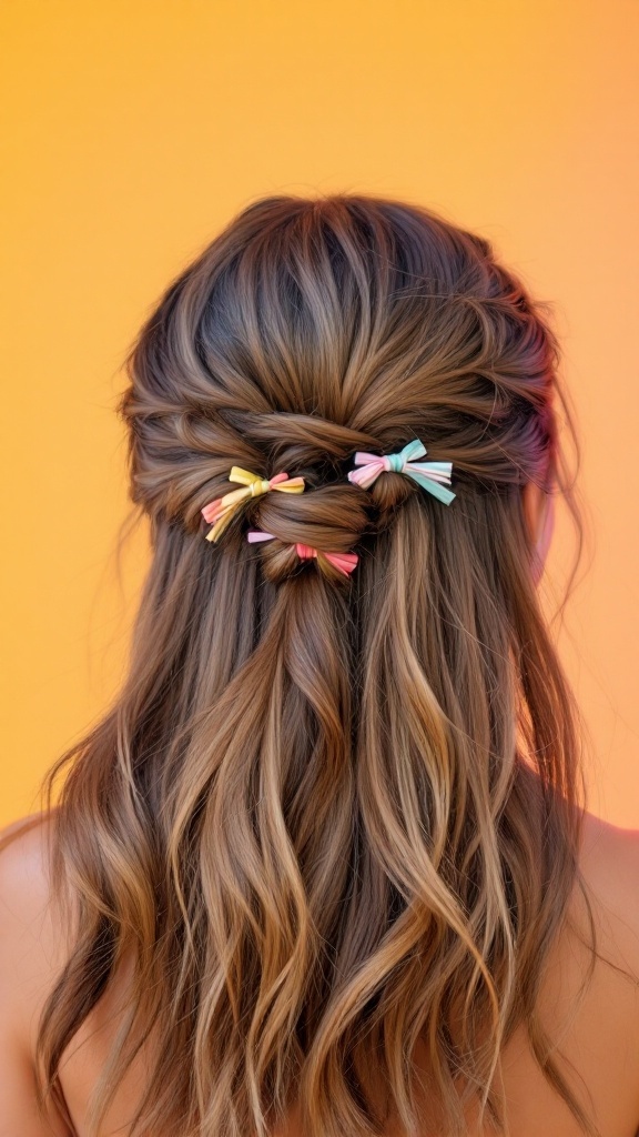 A woman with a low half updo hairstyle, featuring colorful hair ties, showcasing wavy hair.