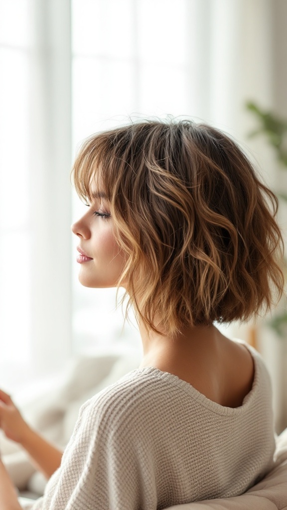 A woman with a tousled bob hairstyle, looking stylish and relaxed.