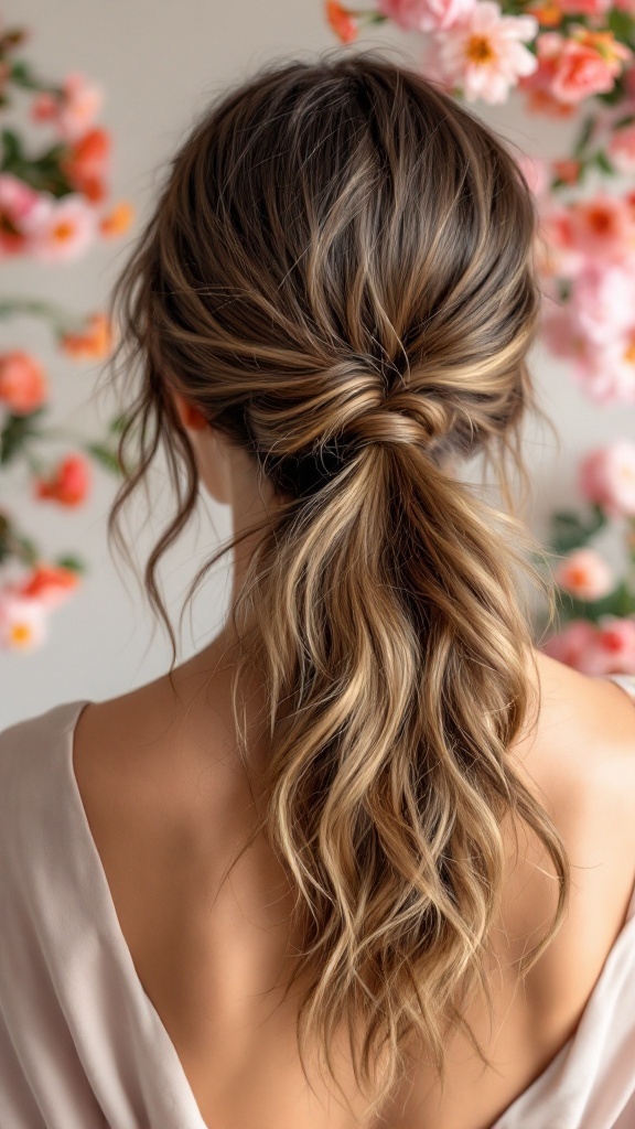 A woman with a low messy ponytail and soft curls surrounded by flowers.