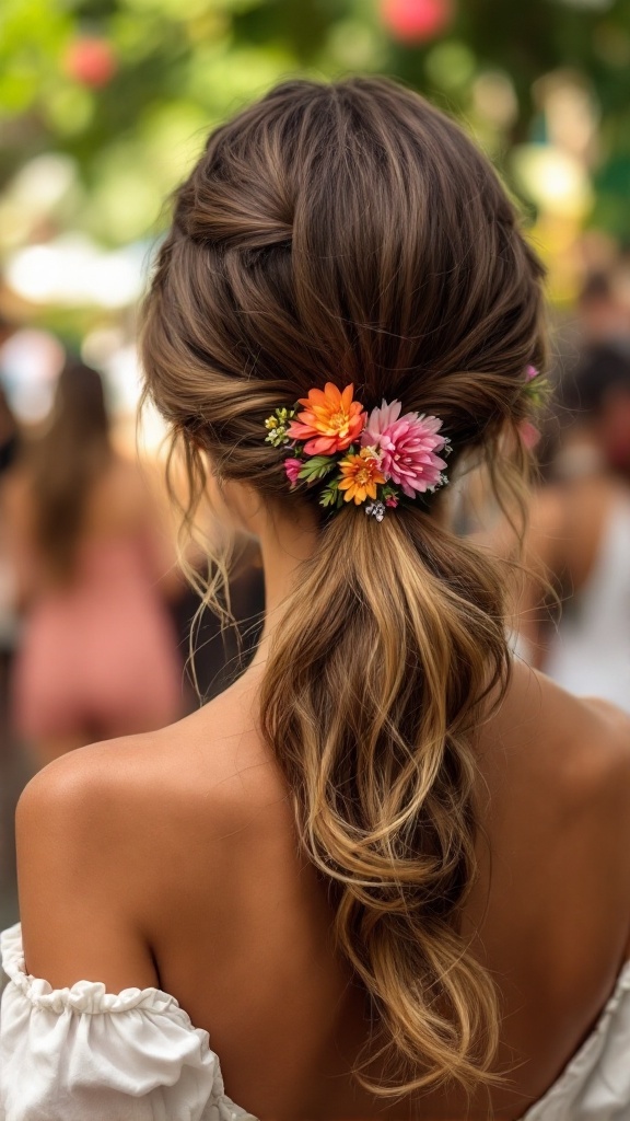 A woman with a low ponytail decorated with colorful flowers, showcasing a boho hairstyle.