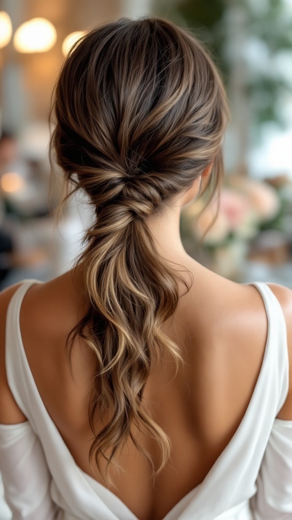 A hairstyle featuring a low ponytail and layered bangs, ideal for bridesmaids.